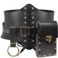Medieval Vintage Fashion Wide Corset Belt Lace-Up Waist Cincher Gothic Accessory - Black 3-Piece Set (Drawstring Corset Belt + Waist Bag + Leather Holder)