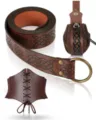 Medieval vintage leather belt corset pouch set renaissance steampunk costume waist cincher - Brown 3-Piece Set (Printed Belt + Embossed Pouch + Corset Belt)