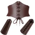 Medieval retro PU leather corset waist belt and bracers set for women fashion gothic cosplay. - Brown 3-Piece Set (Corset Belt + 1 Pair of Bracers)