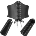 Medieval Retro Style Black PU Leather Corset Belt and Matching Wrist Cuffs Set - Black 3-Piece Set (Corset Belt + 1 Pair of Bracers)