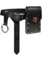 Black medieval faux leather belt with pouch variant, retro waist cincher with metal ring. - Black 2-Piece Set (Waist Bag + Leather Holder)