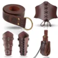 Medieval Vintage PU Leather Belt Corset Bracers Pouch Costume Set for Cosplay - Brown 5-Piece Set (Corset Belt + Belt + Pouch + 1 Pair of Bracers)