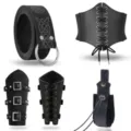 Medieval retro punk PU leather corset belt bracers set for women's fashion style. - Black 5-Piece Set (Corset Belt + Belt + Pouch + 1 Pair of Bracers)