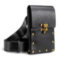 Medieval retro black leather waist belt bag with vintage brass hardware and metal rivets. - Black Large Waist Bag (With Belt)