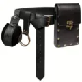 Medieval retro black leather waist belt with pouch and metal rings for vintage cosplay. - Black Set (300g)