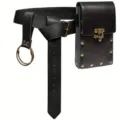 Medieval retro black PU leather waist belt with attached pouch and metal rings accessory - Black Set 2 (260g)