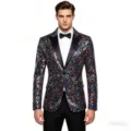 Detailed view of colorful sequin blazer for men with black lapel collar and classic button. - Colorful