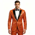Men sequin tuxedo suit set with black lapel for stage performance party wedding blazer - S / Orange