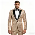 Men's gold sequin suit jacket with black satin lapel for party stage performance night club. - Champagne