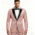 Detailed view of a stylish pink sequin suit jacket with black lapel for men stage performance. - S / Pink