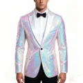 Men holographic sequin tuxedo jacket with white lapel for party stage performance. - S / Iridescent White
