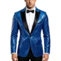 Men's sparkling blue sequin tuxedo jacket with black satin lapel for evening party events. - Blue