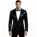 Vista detallada de la chaqueta de esmoquin con lentejuelas negras para hombre. - S / Negro