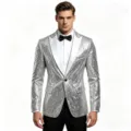 Men's silver sequin tuxedo blazer jacket with white lapel for stage performance party. - Silver