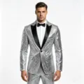 Mens silver sequin suit jacket detail view, featuring black satin lapels and party wear design. - Silver Gray