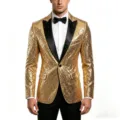 Close-up detail shot of a luxury gold sequin suit jacket with sleek black satin lapel. - Gold
