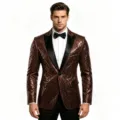 Men luxury bronze sequin blazer with black satin lapel for party prom stage performance jacket. - S / Coffee