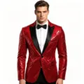 Men's red sequin blazer with black lapel tuxedo jacket for party stage performance night club - Red