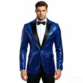 Chaqueta de esmoquin azul con lentejuelas para hombre elegante entallada para fiesta. - Azul