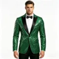 Mens green sequin blazer stylish single button party jacket black lapel stage tuxedo - Green
