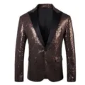 Men's brown sequin blazer tuxedo jacket with black satin lapel for stage performance. - Coffee