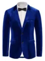 Detailed view of the blue velvet blazer featuring classic lapel and smooth fabric. - S / Blue