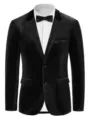 Men's black velvet suit jacket slim fit blazer paired with white shirt and bow tie stylish - S / Black
