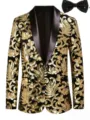 Detailed view of men's black and gold sequin velvet tuxedo blazer jacket with shawl lapel. - Gold