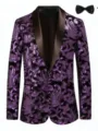 Men's Purple Velvet Sequin Tuxedo Blazer Shawl Lapel Party Suit Jacket with Bow Tie - S / Purple