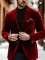 Men red velvet blazer single button casual suit jacket winter stylish outerwear for men - M / Red