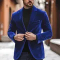 Men royal blue velvet blazer slim fit single button suit jacket for party wedding - S / Blue