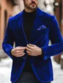 Men royal blue velvet casual blazer jacket long sleeve single button stylish winter outerwear - M / Blue