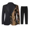 Boy's stylish suit set featuring an asymmetrical black and gold sequin branch jacket and pants. - 6 / Top And Bottom / Gold