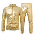 Men's shiny gold metallic tracksuit jacket and pants set for party stage performance. - M / Top And Bottom / Gold