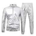 Silver metallic men tracksuit set with jacket and pants for cool stage party show - M / Top And Bottom / Silver