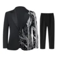 Close-up detail of boys black blazer featuring intricate silver sequin tree branch embroidery. - Silver