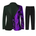 Detailed view of boys sequin blazer and trousers set, purple branch pattern design. - Purple