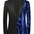 Men's fashion black and blue sequin spliced blazer jacket, stylish party suit coat. - XS / Blue