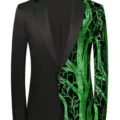 Men's fashion asymmetrical sequin blazer black green tree pattern stylish jacket coat. - XS / Green