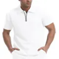 Herren weißes Waffelstrick Kurzarm Polohemd mit stylischem Reißverschlusskragen Detail. - S / Oberteile / Weiß