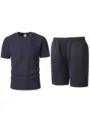 Men's summer casual short sleeve t-shirt and shorts knit waffle jacquard two-piece set detail view. - Navy Blue