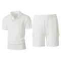 Men knit short sleeve polo shirt and cargo shorts matching set summer casual white outfit - S / Top And Bottom / White