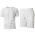 Men summer casual knit waffle short sleeve t-shirt and shorts two piece set white daily wear. - S / Top And Bottom / White