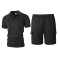 Men's black casual knit jacquard short sleeve polo shirt and cargo shorts sportswear set. - S / Top And Bottom / Black