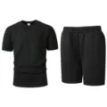 Men black waffle knit short sleeve t-shirt and shorts two piece set casual summer outfit - S / Top And Bottom / Black