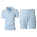Men's light blue knit polo shirt and cargo shorts sportswear set casual summer outfit - S / Top And Bottom / Light Blue