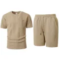 Men summer casual knit short sleeve t-shirt and shorts set comfortable two-piece outfit. - S / Top And Bottom / Khaki
