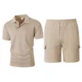 Men casual knit polo shirt and cargo shorts set, stylish jacquard summer sportswear. - S / Top And Bottom / Khaki