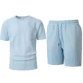 Men's light blue casual short sleeve t-shirt and shorts waffle knit sportswear set. - S / Top And Bottom / Light Blue
