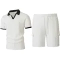 Men's Summer Knit Short Sleeve Polo Shirt and Shorts Two-Piece Set White Casual Suit - S / Top And Bottom / White